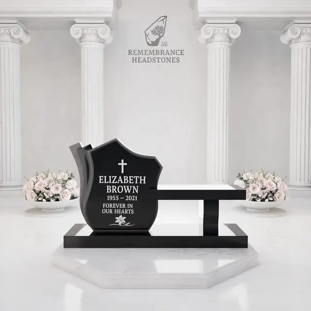 Luxury Granite Memorial Bench with Sculpted Shield Tablet & Floral Engraving — luxury granite memorial headstone